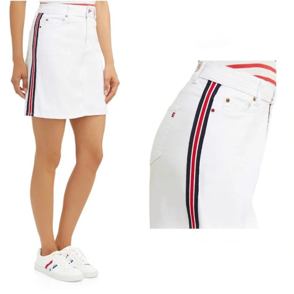 EV1 Red White Blue Stripe White Denim Mini Skirt 12 Racing Cotton Race Preppy - Picture 11 of 11